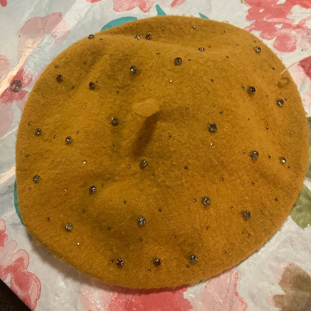 Mustard Yellow Rhinestone Wool Beret